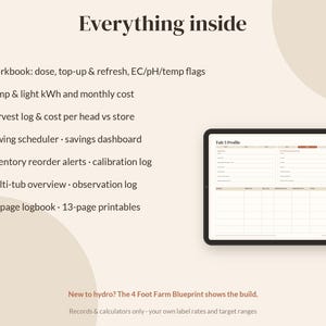 Pode incluir: Um tablet digital exibe uma interface Tab 5 Profile com uma lista de recursos, incluindo uma pasta de trabalho, rastreamento de kWh de bombas e luzes, registros de colheita, programador de semeadura, alertas de estoque e um di&aacute;rio de 31 p&aacute;ginas.
