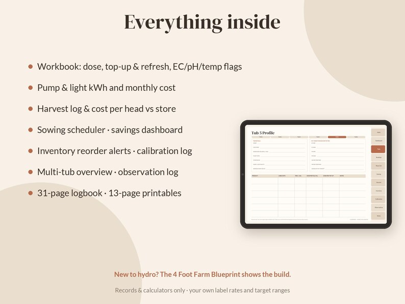 Pode incluir: Um tablet digital exibe uma interface Tab 5 Profile com uma lista de recursos, incluindo uma pasta de trabalho, rastreamento de kWh de bombas e luzes, registros de colheita, programador de semeadura, alertas de estoque e um di&aacute;rio de 31 p&aacute;ginas.