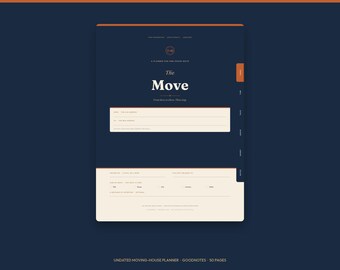 May include: A digital moving planner page with a dark blue background and cream-colored lower section. The text reads The Move, A Planner For One House Move, From Here To There, Then Stop, along with fields for address information and moving details.
