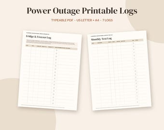 May include: Power Outage Printable Logs featuring a Fridge & Freezer Log and a Monthly Test Log. These typeable PDF documents are available in US Letter and A4 sizes, providing seven distinct logs for tracking essential household data.