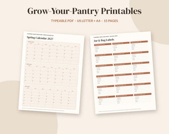Puede incluir: Grow-Your-Pantry Printables, un conjunto de 15 páginas PDF editables en tamaños US Letter y A4. Incluye un calendario de primavera 2027 con cuadrículas mensuales y una hoja de etiquetas para frascos y bolsas con encabezados marrones.