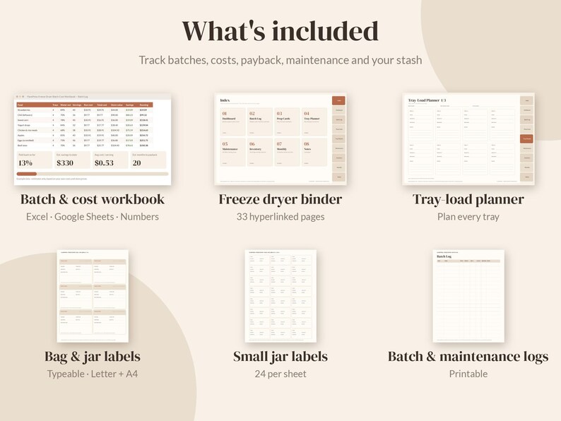 May include: A digital organization set featuring a batch and cost workbook, a freeze dryer binder with 33 hyperlinked pages, a tray-load planner, bag and jar labels, small jar labels, and batch and maintenance logs in a neutral color palette.