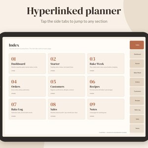May include: A digital hyperlinked planner displayed on a tablet screen. The interface features an index with nine numbered sections including Dashboard, Starter, Bake Week, Orders, Customers, Recipes, Bake Log, Sales, and Notes, with side navigation tabs.