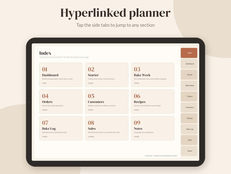 May include: A digital hyperlinked planner displayed on a tablet screen. The interface features an index with nine numbered sections including Dashboard, Starter, Bake Week, Orders, Customers, Recipes, Bake Log, Sales, and Notes, with side navigation tabs.