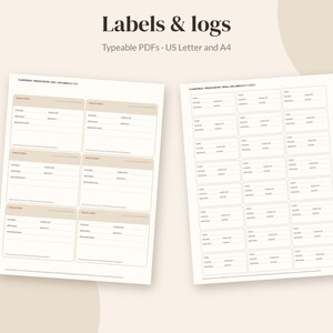 May include: Two printable sheets featuring labels and logs with the text Labels & logs and Typeable PDFs US Letter and A4. The left sheet contains six large rectangular sections, while the right sheet displays twenty-four smaller rectangular labels.