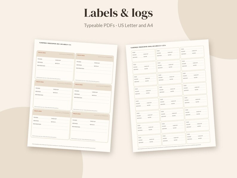 May include: Two printable sheets featuring labels and logs with the text Labels & logs and Typeable PDFs US Letter and A4. The left sheet contains six large rectangular sections, while the right sheet displays twenty-four smaller rectangular labels.