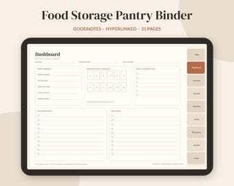 May include: A digital tablet displaying a Food Storage Pantry Binder dashboard with sections for supply snapshots, monthly food tracking, alerts, and checklists. The interface features a side navigation bar with tabs for index, dashboard, inventory, rotation, meal plan, water, emergency, monthly, and notes.