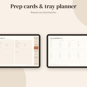 May include: Two digital tablets displaying a prep cards and tray planner with the text Prep cards & tray planner and Repeat your best batches. The screens show organized templates for tracking food preparation and tray loading tasks.