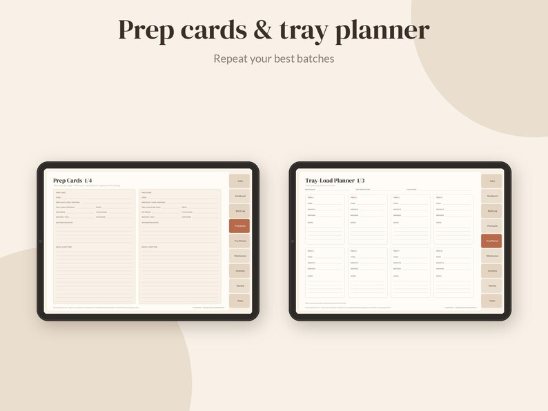 May include: Two digital tablets displaying a prep cards and tray planner with the text Prep cards & tray planner and Repeat your best batches. The screens show organized templates for tracking food preparation and tray loading tasks.