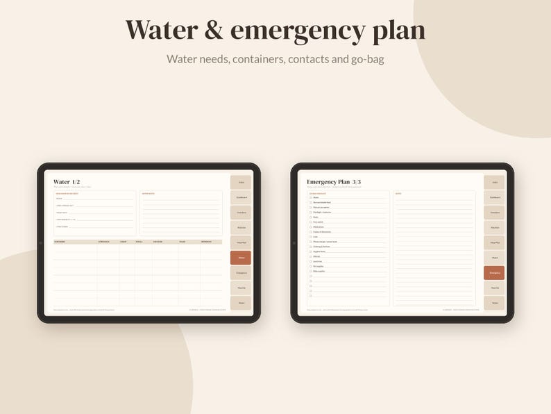 May include: Two digital tablets displaying a water and emergency plan template. The left screen shows a Water 1/2 page with fields for water needs and containers. The right screen shows an Emergency Plan 3/3 page with a checklist and notes section.