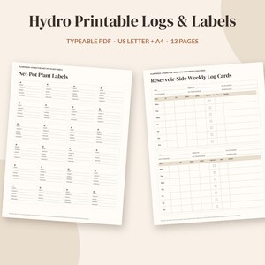 Puede incluir: Hydro Printable Logs & Labels, un conjunto de PDF escribibles en tamaños US Letter y A4 con 13 páginas. El documento incluye etiquetas para macetas y tarjetas de registro semanal con tablas organizadas, líneas y casillas de verificación.