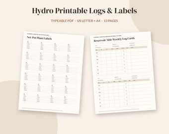 May include: Hydro Printable Logs & Labels, a typeable PDF set in US Letter and A4 sizes with 13 pages. The document features Net Pot Plant Labels and Reservoir Side Weekly Log Cards with organized tables, lines, and checkboxes for tracking.