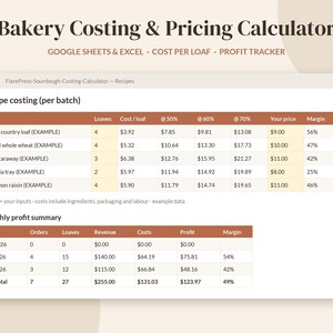 May include: A digital Bakery Costing & Pricing Calculator spreadsheet for Google Sheets and Excel. The interface displays recipe costing per batch and a monthly profit summary with columns for loaves, costs, prices, and margins in a brown and white layout.
