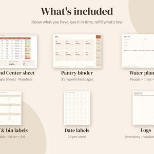 May include: A digital organization set featuring a Command Center sheet, a 31-page hyperlinked pantry binder, a water planner, shelf and bin labels, date labels, and inventory logs. The layout uses a neutral color palette with text labels.