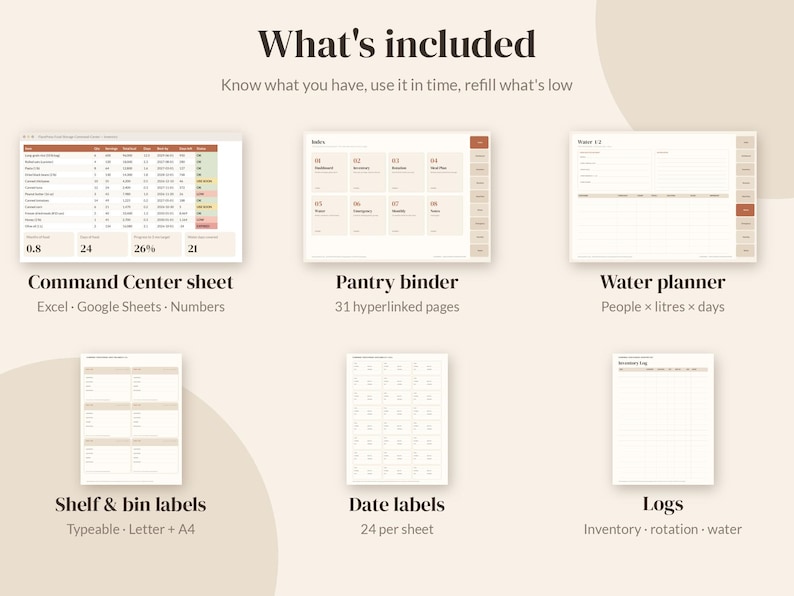 May include: A digital organization set featuring a Command Center sheet, a 31-page hyperlinked pantry binder, a water planner, shelf and bin labels, date labels, and inventory logs. The layout uses a neutral color palette with text labels.