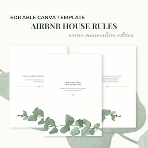 May include: An editable Canva template for Airbnb house rules featuring a warm minimalism design. The document includes white pages with dark green text and watercolor eucalyptus leaf illustrations at the bottom of each page.