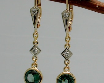 Fine Jewelry-Free shipping. Beautiful handmade 18 K dangling bezel set green Sapphire earrings with diamond accents