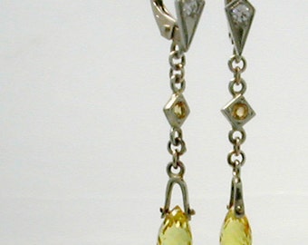 Fine jewelry-Handmade yellow sapphire briolette dangling earrings  on 14 K White gold leverbacks with yellow and white diamond accents.
