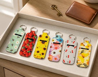 Porte-clés en néoprène pour baume à lèvres, imprimé fruit floral, adapté aux voyages