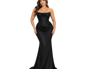 VS-0225 Women' Strapless Satin-Look Maxi Evening Dress with Draped Cowl Neckline, Structured Corset-Style Bodice, Ruched Hip Detail, Lace-up