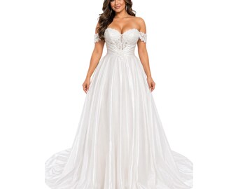 Cindy-744 Women's Elegant Formal Gown with Floral Lace Bodice, Sweetheart Neckline, Off Shoulder Lace Sleeves, Lace Up Corset Back