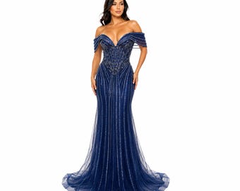 Lenovia-8523 Elegant Off Shoulder Mermaid Prom Dress, Beaded Corset Evening Gown, Formal Wedding Guest Dress, Gala & Special Occasion Gown