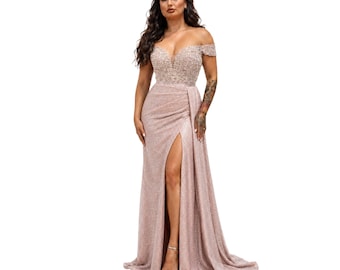 Cindy-50460 Elegant Off Shoulder Glitter Evening Gown with Beaded Corset Bodice High Slit Formal Prom Wedding Guest Dress XS to 3XL