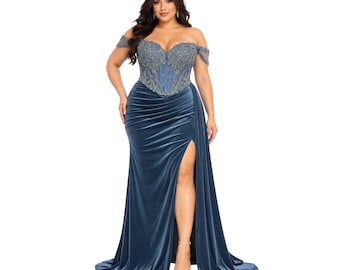 VS-0371 Women's Formal Evening Gown with Embellished Corset Bodice, Off-Shoulder Detail, Draped Velvet Skirt, High Slit, Lace-Up Back,