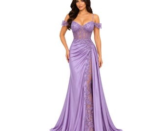 Cindy-50464 Women's Elegant Long Formal Evening Dress with Floral Lace Appliqué, Sheer Corset Bodice, Sweetheart Neckline, Spaghetti Straps