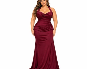 Eureka-EK191 Women's Elegant Halter Neck Maxi Evening Dress with Sweetheart Neckline, Ruched Bodice, Draped Waist, High Front Slit