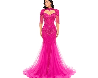VS-0578 Elegant Beaded Mermaid Evening Gown with Cape Sleeves Corset Bodice Formal Prom Wedding Guest Dress