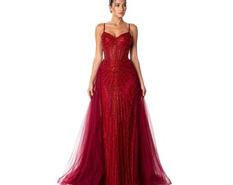 Hc 1009 Elegant Women's Beaded Corset Evening Gown with Sweetheart Neckline, Sparkling Detail and Flowing Tulle Overskirt for Prom & Gala