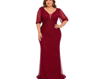 RQ 8290 Elegant Plus Size Beaded Evening Gown with V Neck and Sheer Sleeves for Weddings Galas and Formal Events