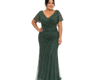 VS-723 Plus Size Beaded Evening Gown, Elegant V Neck Formal Dress, Wedding Guest Dress, Mother of the Bride Gown, Prom Gala Dress