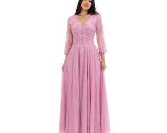 Cindy-C50509 Elegant Women’s Floor-Length Formal Evening Gown with Lace Appliqué, Sheer 3/4 Sleeves, V-Neckline, Glitter Tulle A-Line Skirt