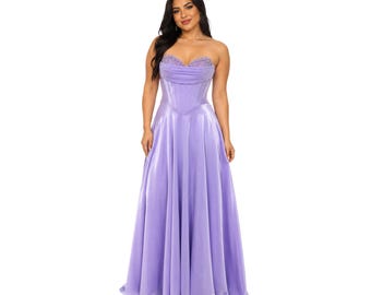 Cindy-50519 elegant strapless satin evening gown corset bodice floral lace bust a line floor length formal prom gala wedding guest dress