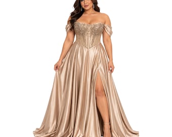 Cindy-50531 Women's Elegant Satin Evening Gown with Beaded Sheer Corset Bodice, Off Shoulder Draped Sleeves, Lace Up Back, High Side Slit