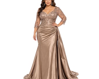 MayQueen -2255 Women’s Plus Size Formal Evening Gown with Embellished Lace Bodice, Sheer 3/4 Sleeves, V-Neckline, Ruched Satin Skirt