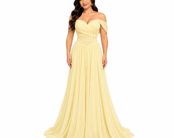 Amelia-9097 Women's Formal Chiffon Gown with Sweetheart Neckline, Structured Corset Bodice, Draped Bust, Removable Off-Shoulder Sleeves