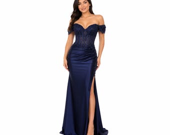 Cindy 50520 Elegant Off-the-Shoulder Evening Gown with Ruched Detail and High Slit for Formal Events Navy Womenswear