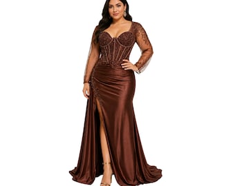 Brown Satin Prom Dress, Beaded Corset Evening Gown, Long Sleeve Formal Dress, Elegant Wedding Guest Dress