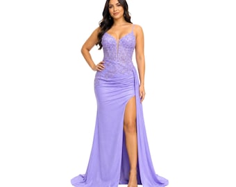 DQ 4556 Women's Elegant Formal Evening Gown with Lace Corset Bodice, Spaghetti Straps, Ruched Waist, High Slit and Floor Length Train