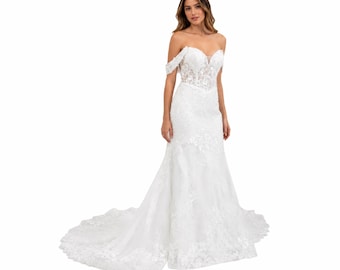 Cindy -C722 Elegant Off White -Shoulder Bridal Gown with Intricate Lace Detailing and Flowing Train for a Timeless Look