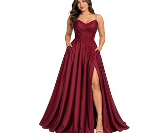 Cindy-50498 Women's Plus Size Formal Maxi Dress with Spaghetti Straps, Sweetheart Neckline, Floral Beaded Appliques, Ruched Satin-Look Bodic