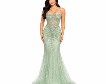 Amelia-2136 Women's Formal Mermaid Evening Gown with Sheer Illusion Bodice, Intricate Rhinestone Beading, Spaghetti Straps, Lace-Up Corset