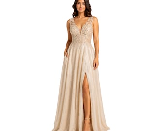 MQ-2137 Elegant Lace Evening Gown, Deep V Neck Formal Dress, High Slit Sparkle Prom Gown, Wedding Guest Bridesmaid Special Occasion Dress