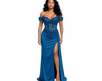 VS 31020 Elegant Off Shoulder Corset Evening Gown with 3D Floral Lace, High Slit & Draped Satin Skirt – Formal Prom Dress for Women