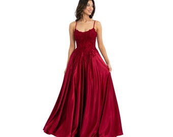 EVA 5289 Satin Prom Dress, Lace Corset Formal Gown, Spaghetti Strap A-Line Evening Dress, Wedding Guest & Quinceanera Gown