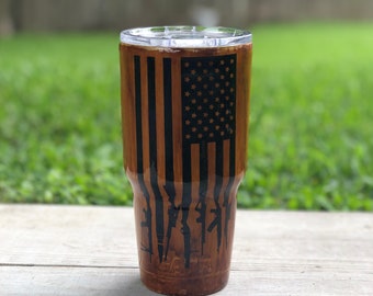Hand painted woodgrain American flag stainless tumbler
