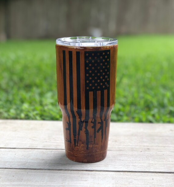 Hand painted woodgrain American flag stainless tumbler